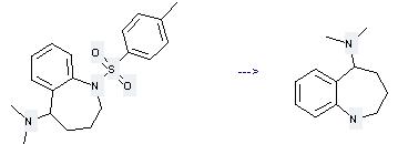 1H-1-Benzazepin-5-amine, 2,3,4,5-tetrahydro-N,N-dimethyl- can be prepared by dimethyl-[1-(toluene-4-sulfonyl)-2,3,4,5-tetrahydro-1H-benzo[b]azepin-5-yl]-amine at the temperature of 150 °C